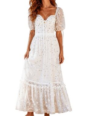 Sugar Thrillz White Daisy Embroidered Romantic Cottagecore Maxi Dress Small